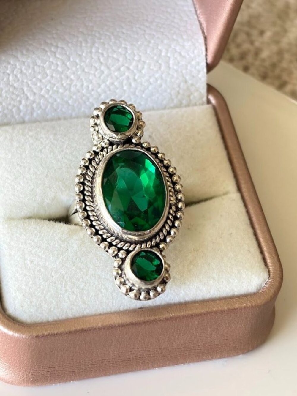 Simulated Green Peridot Three Stone Statement Ring 925 Silver Plated - Size 6.5